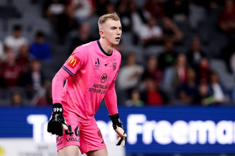 SYDNEY, AUSTRALIA - MARCH 31: Joe Gauci of Adelaide United looks on during the A-League Men's football match between Western Sydney Wanderers FC and Adelaide United at CommBank Stadium on March 31, 2023 in Sydney, Australia. (Photo by Damian Briggs/Speed